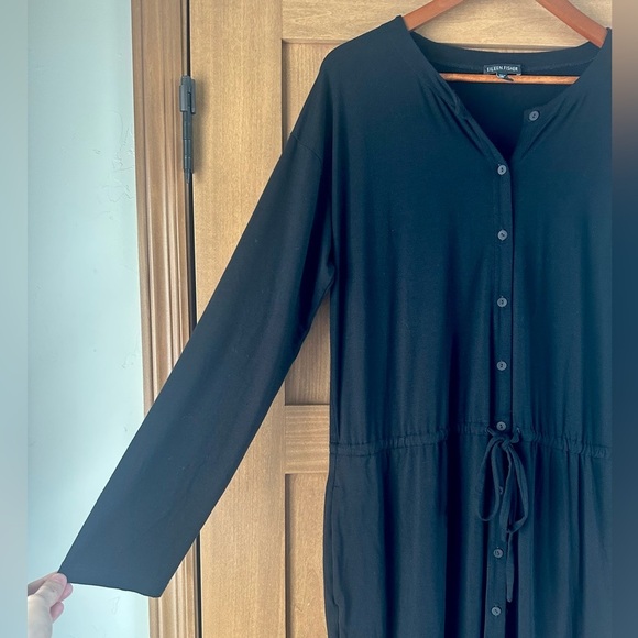 Eileen Fisher Black Jersey Button-Front Drawstring Waist Dress Large​​ - Picture 4 of 14
